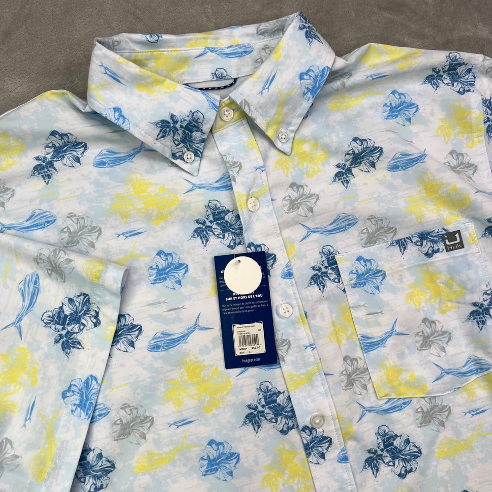 Huk Kona KC Printed Shirt Men L Blue Floral Fish Short Sleeve Performance Button